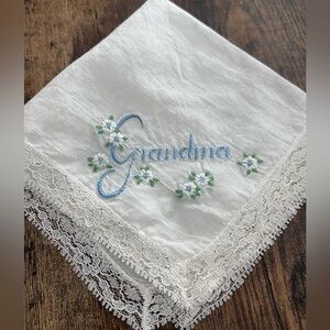 Embroidered Grandma hankie hanky linen with lace edge blue floral vintage